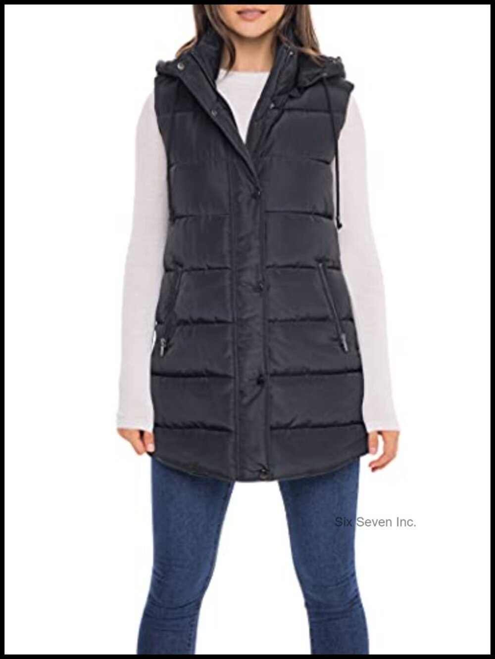 Long Puffer Vest Quilted Faux Down Hooded Sleeveless Winter
